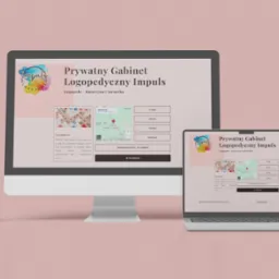 Prezentacja strony gabinetu logopedycznego na laptopie i smartfonie. Widoczny layout strony z logo, menu, mapą dojazdu i informacjami kontaktowymi.