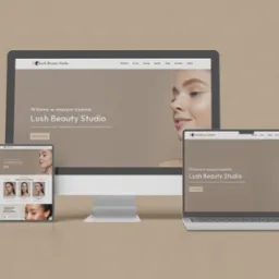 Responsywny projekt strony Lush Beauty Studio widoczny na monitorze, laptopie i smartfonie. Elegancki design z kobiecym motywem i jasną kolorystyką.