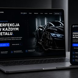 Jacek Kubiak - Responsywna strona www 'Detailing Studio' na laptopie i smartfonie. Ciemna kolorystyka, auto w tle, hasło 'Perfekcja w każdym detalu'. Prezentacja projektu strony.
