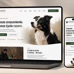 Jacek Kubiak - Responsywna strona www trenera psów na laptopie i smartfonie. Widoczny nagłówek, menu, zdjęcie psa i tekst: Lepsze zrozumienie. Lepsze życie razem.