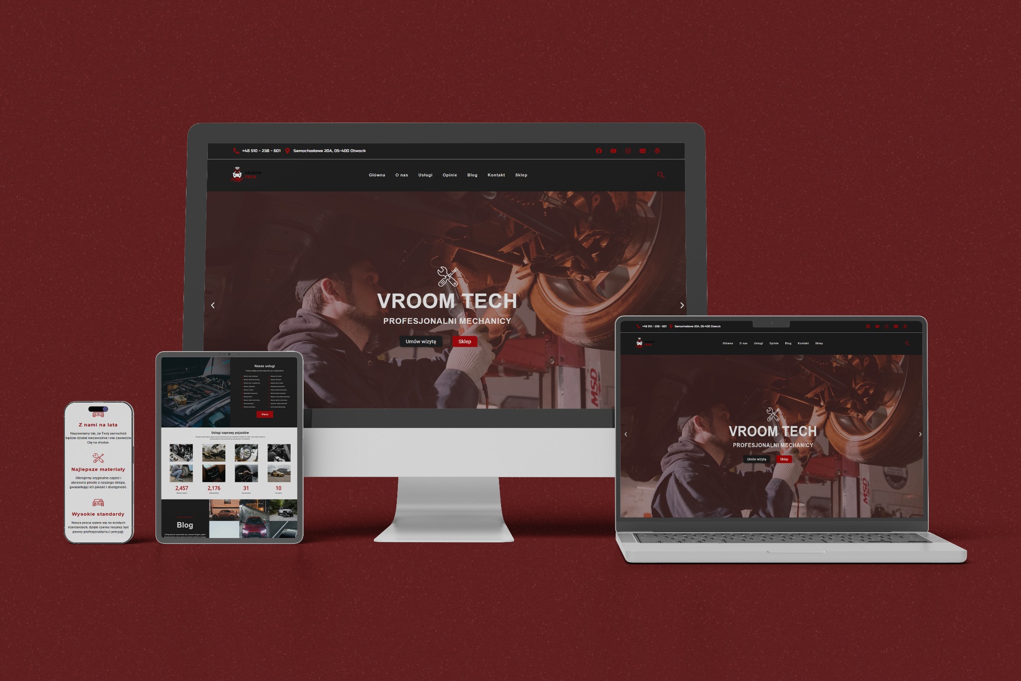 Prezentacja responsywnej strony internetowej warsztatu samochodowego na monitorze, tablecie i laptopie, z widocznym menu, sliderem i sekcjami 'Nasze usługi' oraz 'Blog'.