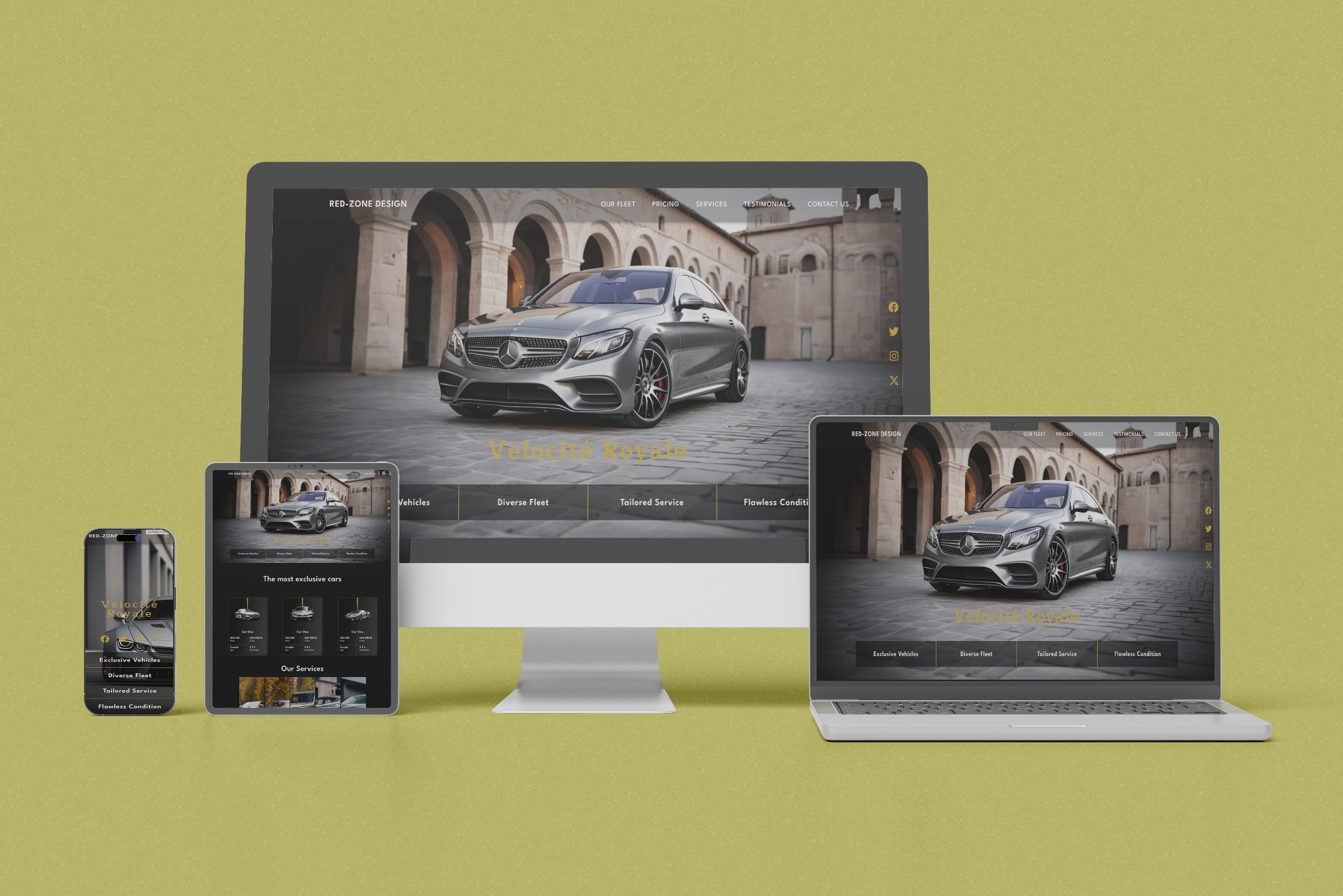 Responsywna strona internetowa z motywem luksusowych samochodów wyświetlana na monitorze, laptopie i smartfonie, prezentująca projekt dla firmy Red-Zone Design.