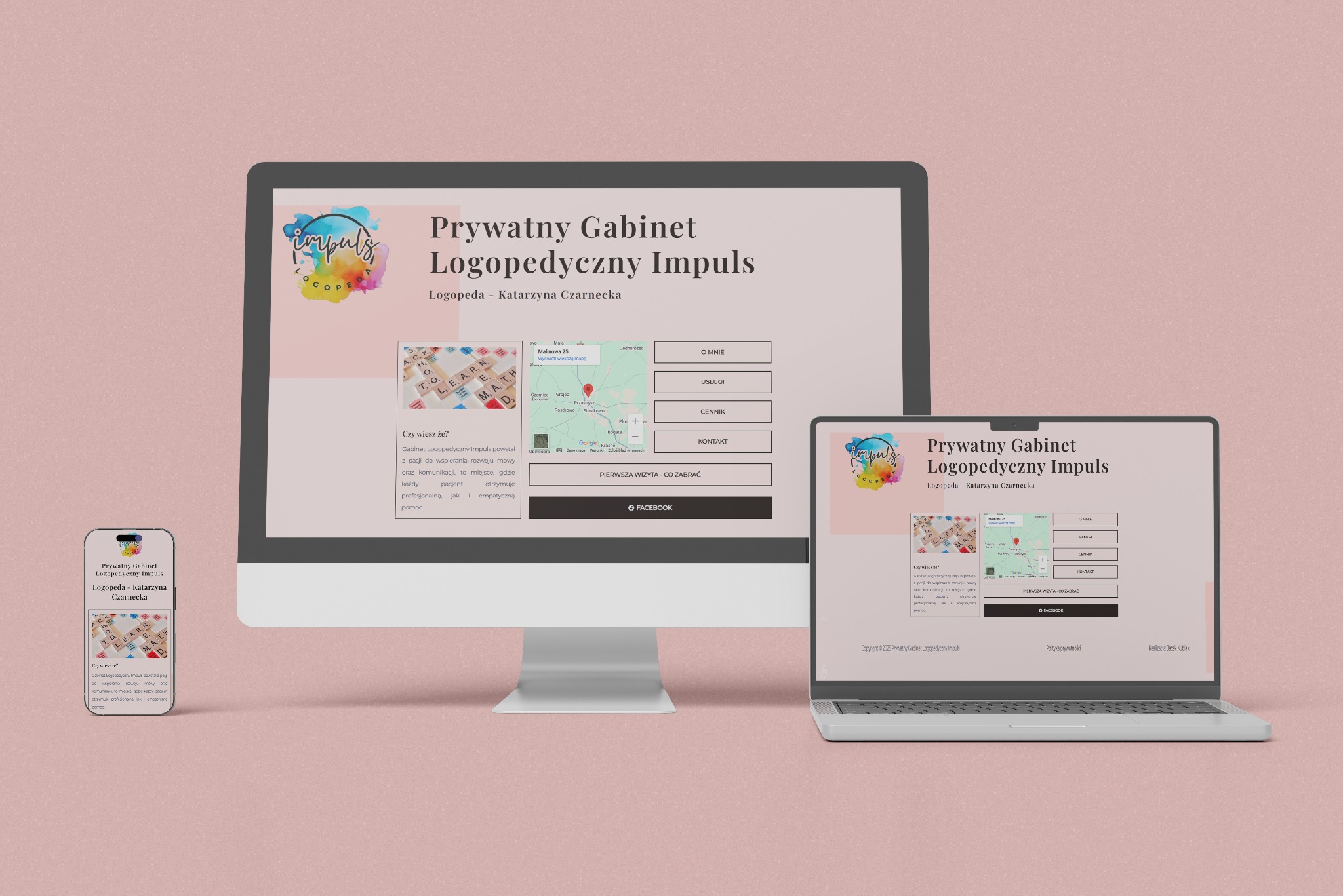 Prezentacja strony gabinetu logopedycznego na laptopie i smartfonie. Widoczny layout strony z logo, menu, mapą dojazdu i informacjami kontaktowymi.