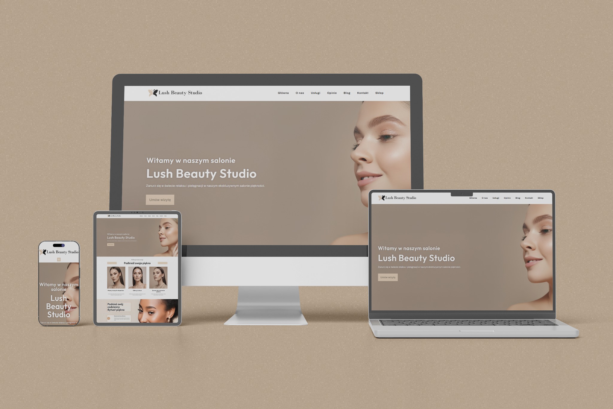 Responsywny projekt strony Lush Beauty Studio widoczny na monitorze, laptopie i smartfonie. Elegancki design z kobiecym motywem i jasną kolorystyką.