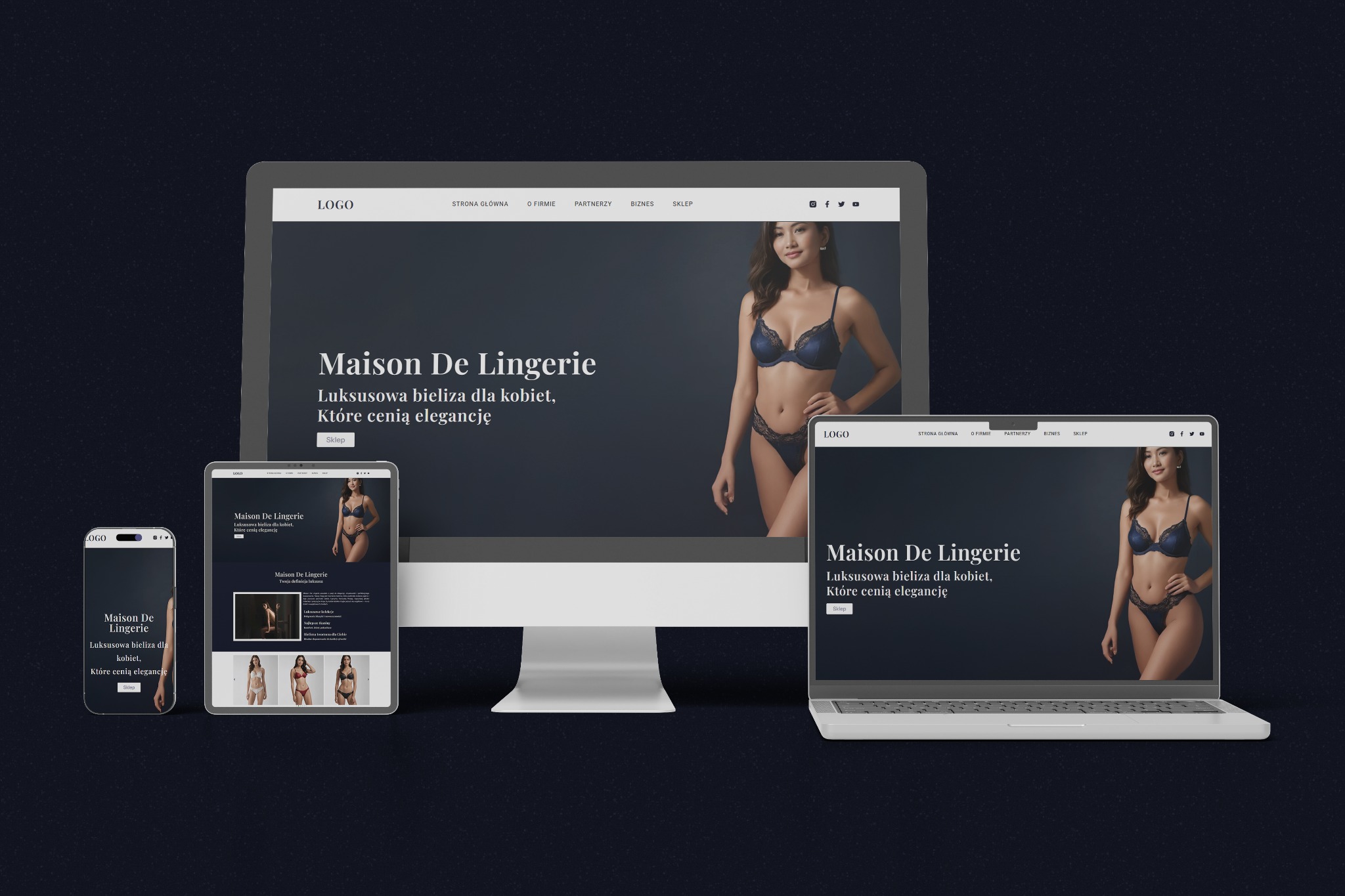Responsywna strona WWW 'Maison De Lingerie' na urządzeniach: monitor, laptop, tablet i smartfon. Prezentacja sklepu internetowego z luksusową bielizną.