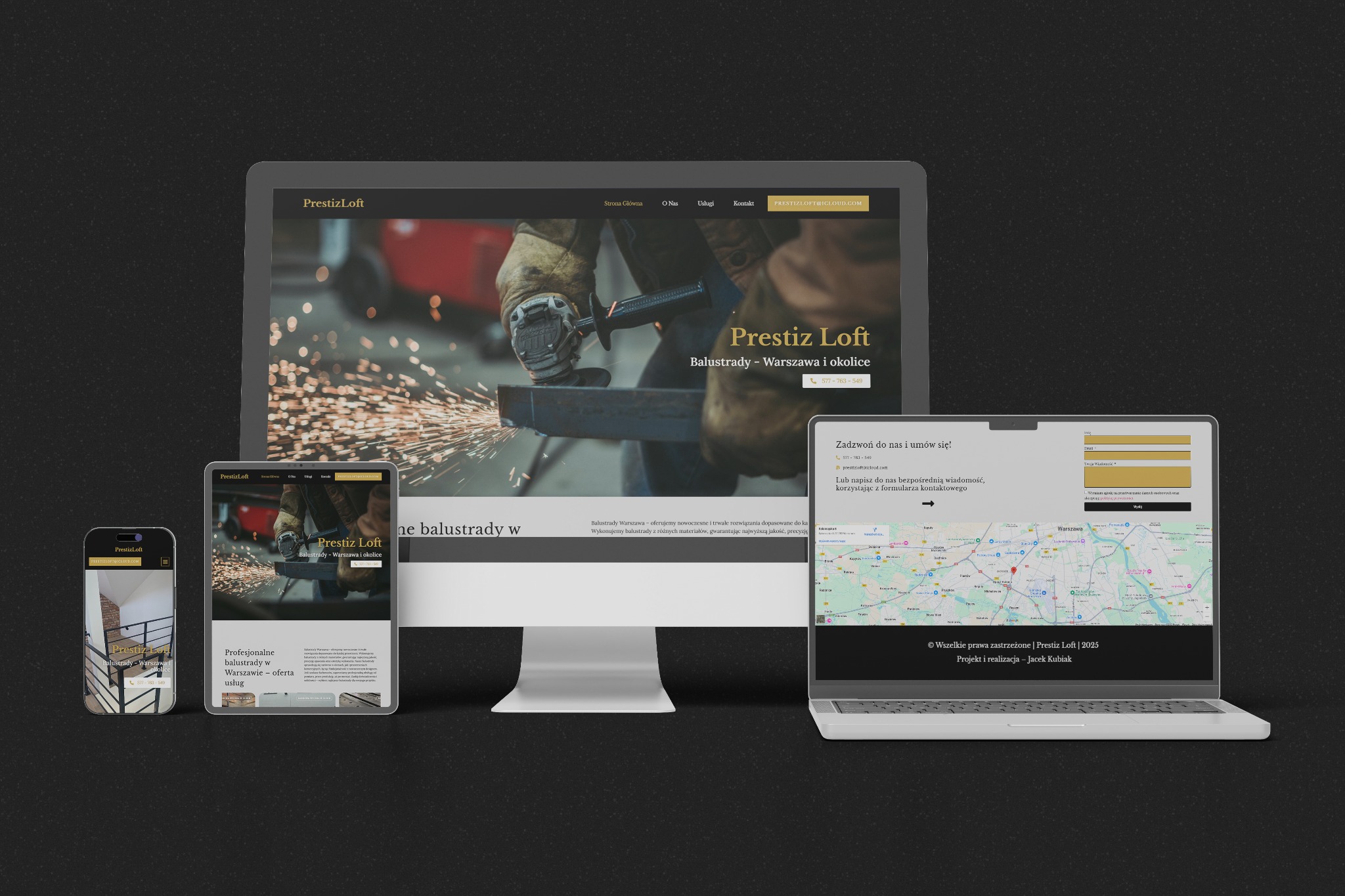 Responsywny układ strony WWW firmy Prestiż Loft na różnych urządzeniach: monitor, tablet i smartfon. Strona prezentuje ofertę balustrad w Warszawie i okolicach.