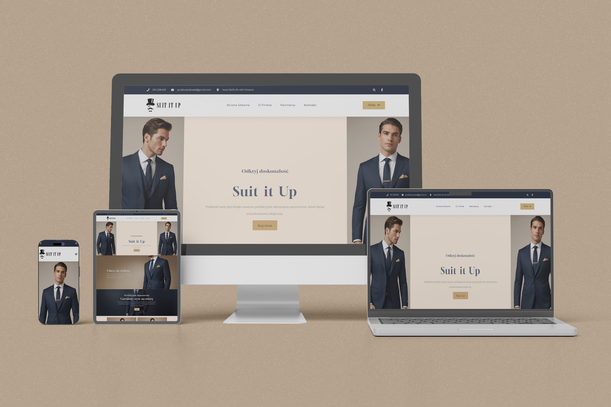 Responsywna strona 'Suit it Up' na monitorze, laptopie i smartfonie. Prezentacja garniturów szytych na miarę. Minimalistyczny design, elegancka typografia, stonowana kolorystyka.