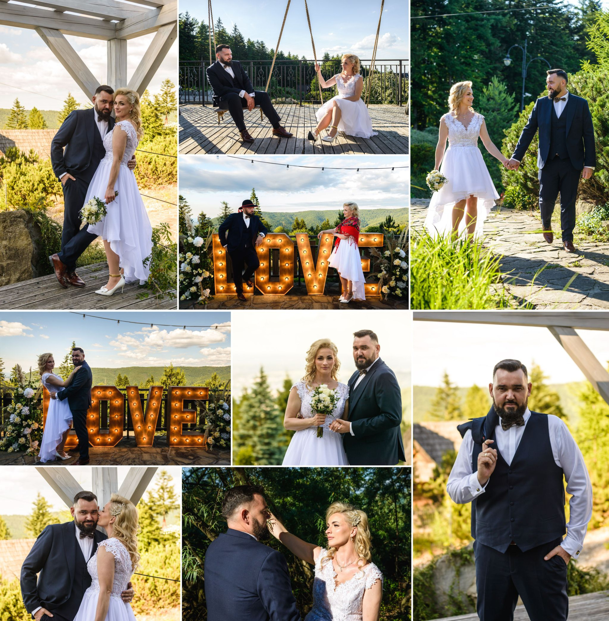 Kolaż zdjęć z sesji ślubnej: para młoda w plenerze, huśtawka, dekoracyjne litery LOVE z żarówkami, góry w tle.
