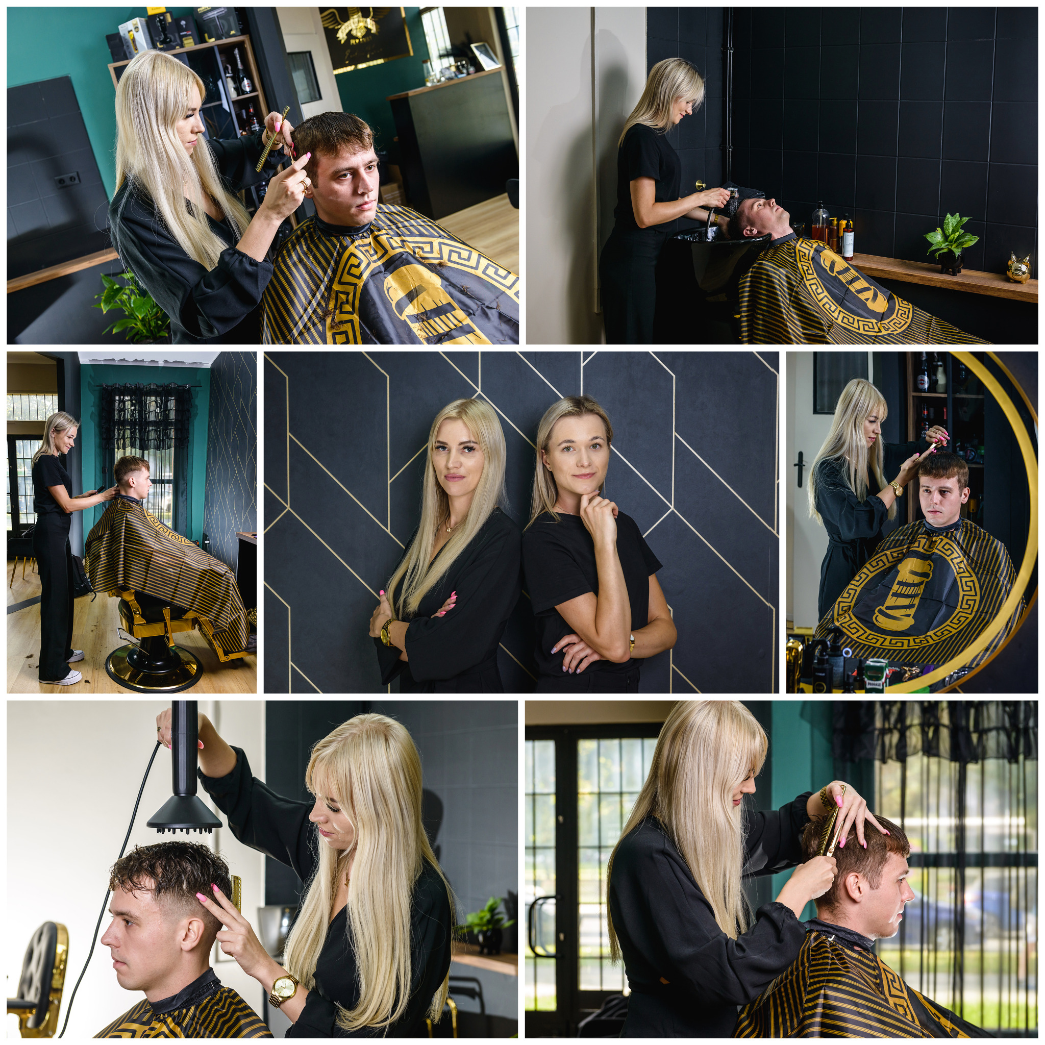 Kolaż zdjęć z salonu fryzjerskiego: strzyżenie, mycie włosów, suszenie dyfuzorem, portret dwóch fryzjerek na tle ściany z geometrycznym wzorem.
