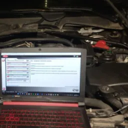 Laptop z uruchomionym oprogramowaniem diagnostycznym podłączony do silnika BMW serii 5 (E60/E61) z 2003 roku, widok na otwartą maskę i elementy silnika.