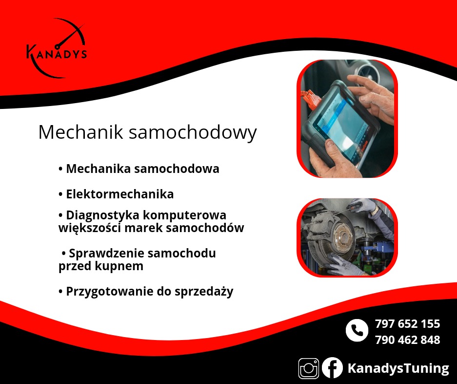 Grafika reklamowa warsztatu samochodowego prezentująca diagnostykę komputerową oraz naprawę układu hamulcowego, z logo firmy 'Kanadys' i danymi kontaktowymi.