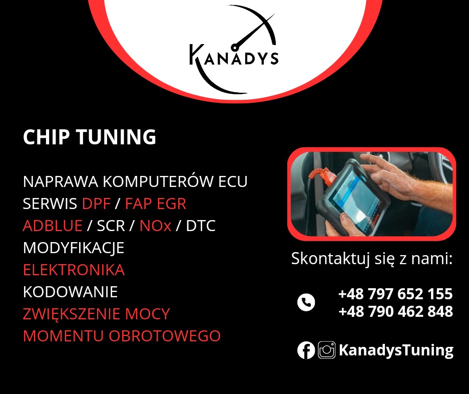 Reklama firmy KanadysTuning oferującej chip tuning, naprawę komputerów ECU, serwis DPF/FAP EGR, AdBlue, modyfikacje, elektronikę, kodowanie i zwiększenie mocy, z numerami telefonów i nazwą profilu...