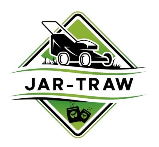 Logo firmy JAR-TRAW z grafiką kosiarki, zielonym rombem i dwoma paczkami nasion trawy.