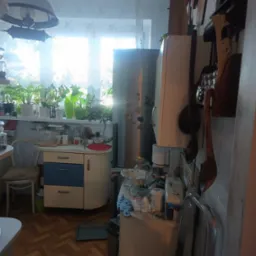 Jasna kuchnia z dużą ilością roślin doniczkowych na parapecie, widok na okno z firanką, lodówka z magnesami, drewniane łyżki wiszące na ścianie, krzesło i szafka z szufladami w tle.