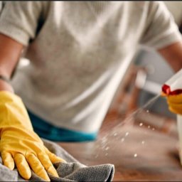 J&D Sp. z o.o. - Osoba w żółtych rękawicach spryskuje i czyści drewniany stolik szarą ściereczką, widoczne krople płynu czyszczącego w powietrzu, w tle półka i roślina doniczkowa.