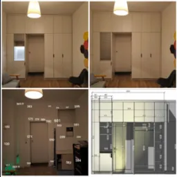 Biała zabudowa meblowa od podłogi do sufitu integrująca szafę z roletą i drzwiami wejściowymi, widoczny fragment salonu z szarą sofą i krzesłem oraz dekoracją ścienną z heksagonów.