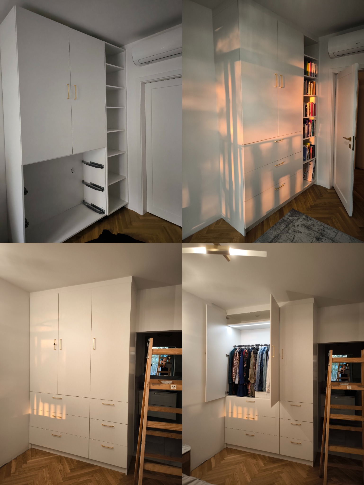 Biała, wysoka zabudowa meblowa z szafkami i szufladami, uzupełniona o półki na książki i drabinę, na podłodze parkiet ułożony w jodełkę.