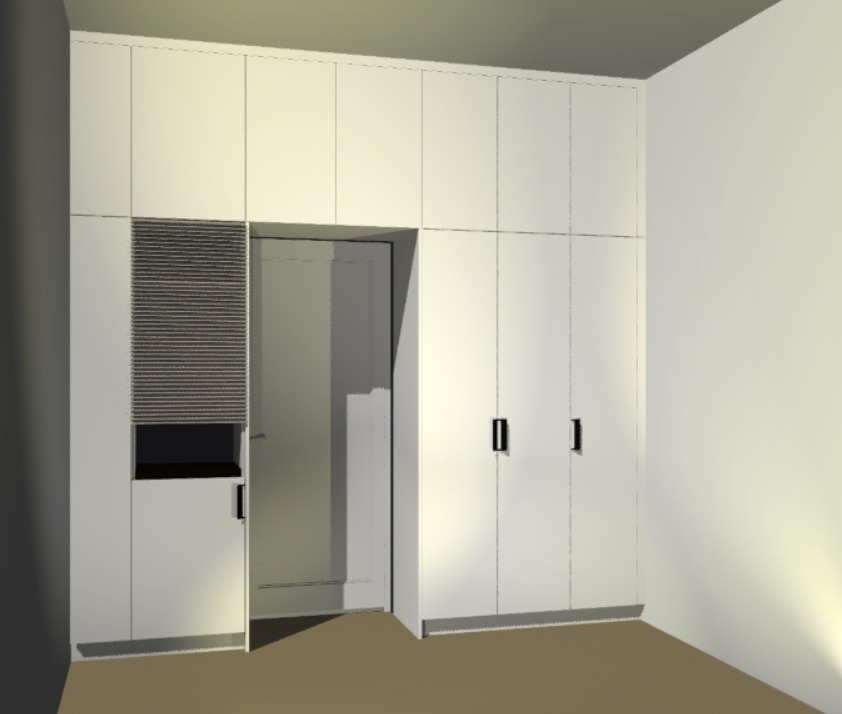 Wizualizacja 3D białej szafy wnękowej z żaluzjowymi drzwiami i otwartą wnęką, obok drzwi wejściowych.