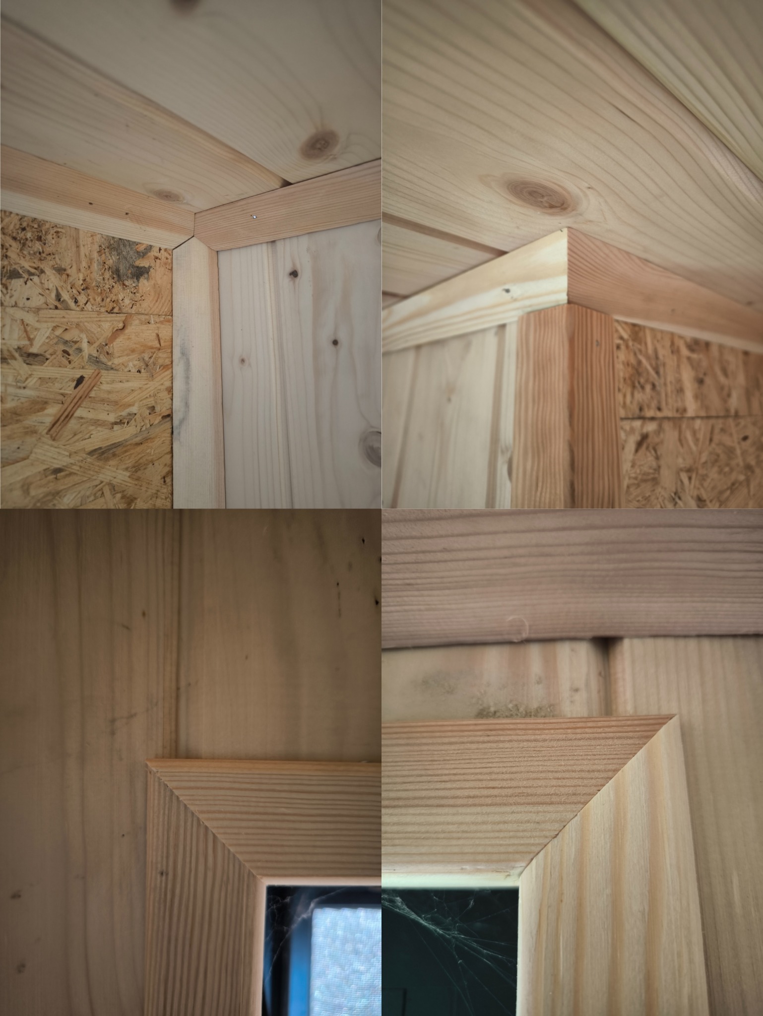 Cztery zbliżenia na drewniane wykończenia altany: połączenie desek na suficie, narożnik ramy okiennej z pajęczyną, boazeria z płyty OSB.
