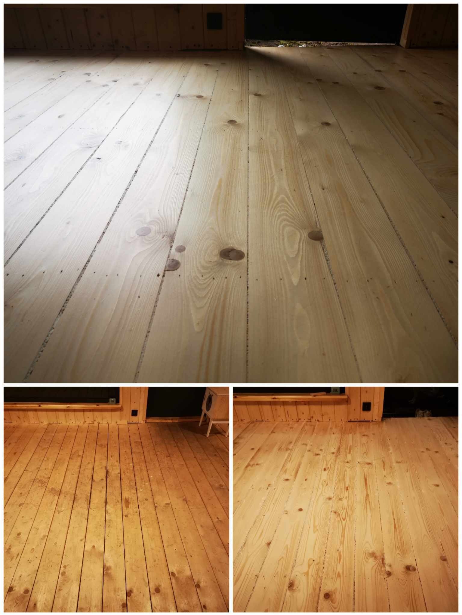 Surowa podłoga z desek sosnowych, widoczne sęki i szpary, przygotowana do dalszej obróbki, z widocznymi śladami pyłu i wiórów.