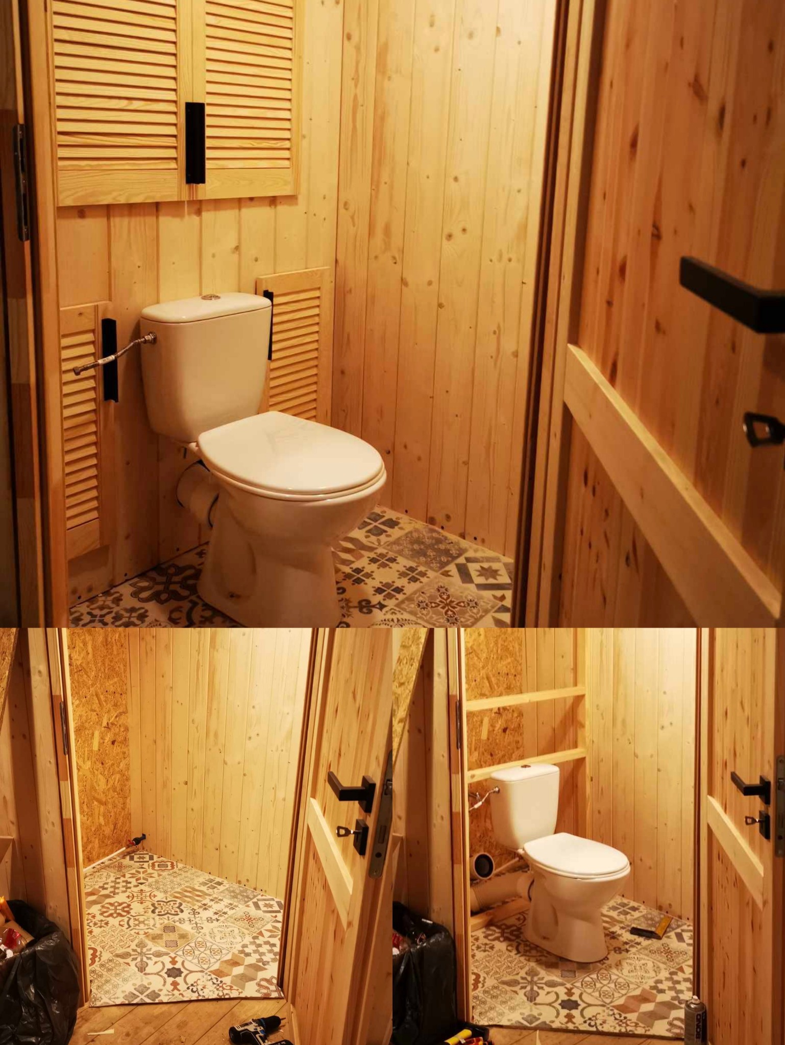 Wnętrze małej łazienki wykończonej drewnianą boazerią z zabudową toalety, wzorzysta podłoga z płytek, drzwi z surowego drewna.