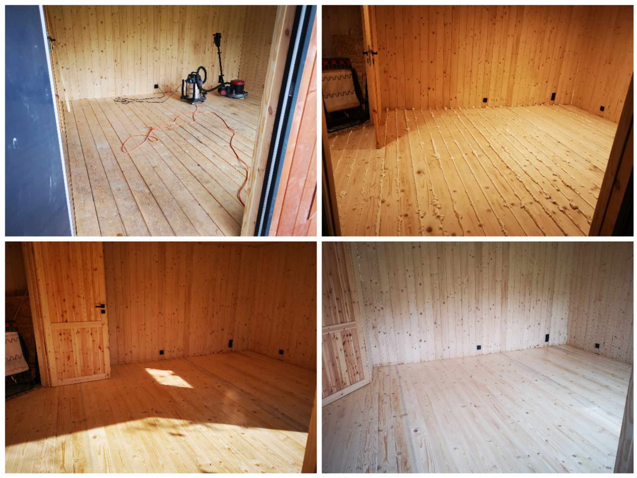 Cztery kadry z wnętrza drewnianego domku, ukazujące etapy układania i szlifowania podłogi z desek. W jednym ujęciu widoczny szlifierka i odkurzacz przemysłowy.