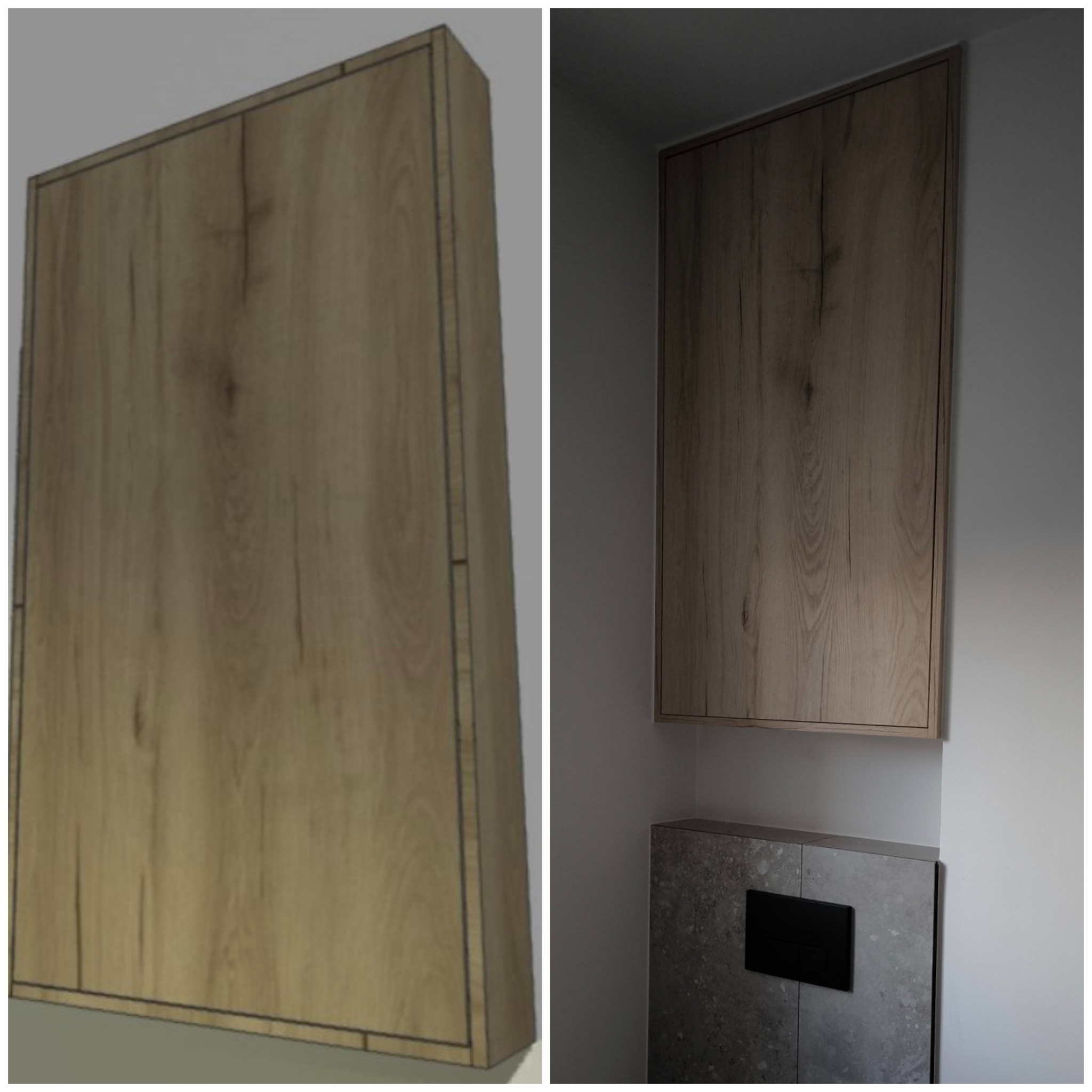 Wysoka szafka wisząca z drewnopodobnym frontem i minimalistycznymi obramowaniami, zamontowana nad zabudową toalety z szarego kamienia.