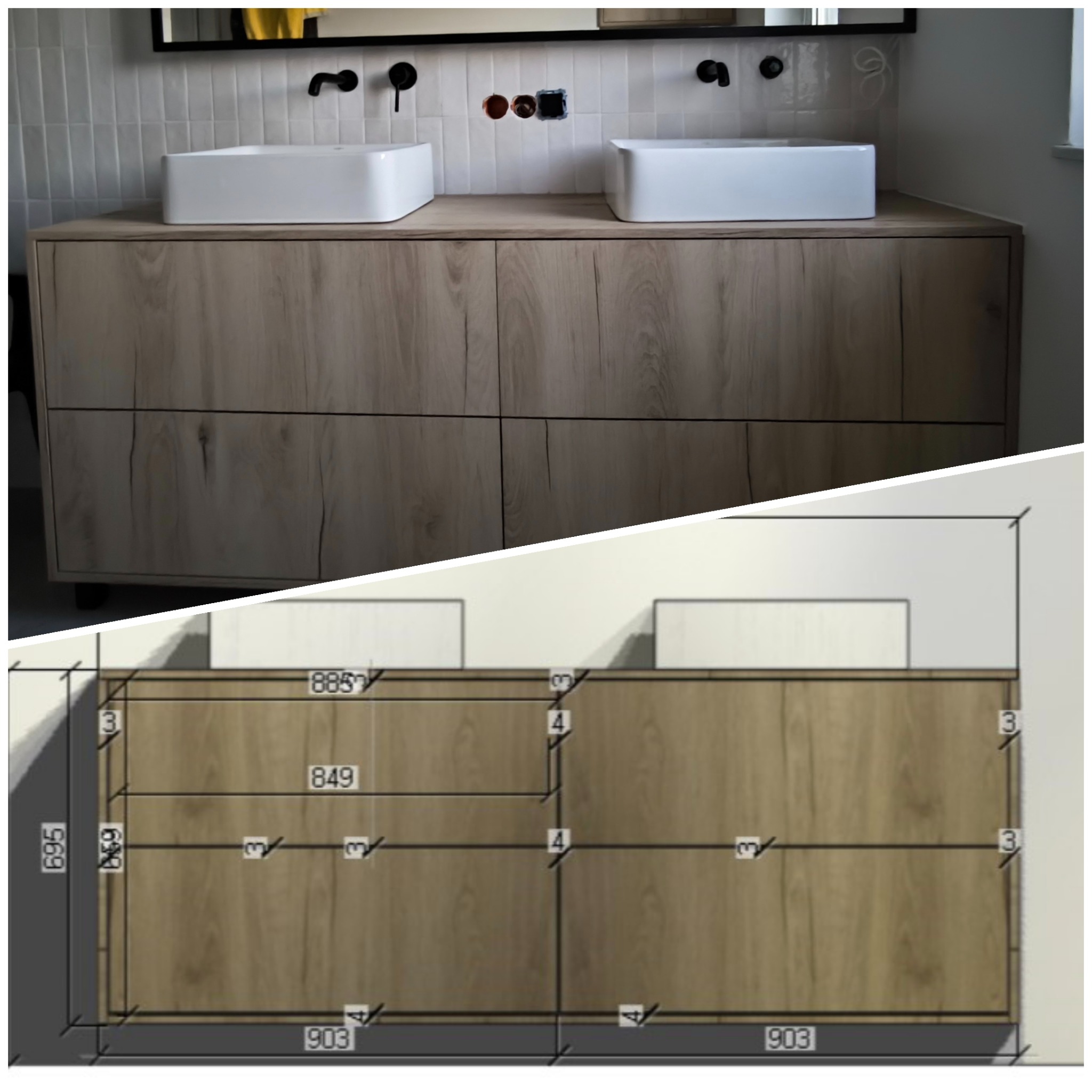 Wizualizacja szafki łazienkowej pod umywalki nablatowe z rysunkiem technicznym z wymiarami, fronty z jasnego drewna z widoczną strukturą, czarne baterie.