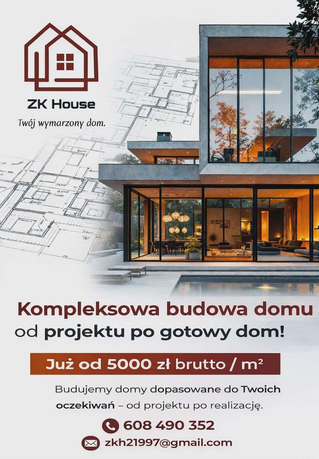 Nowoczesny dom z dużymi przeszkleniami i basenem, wizualizacja projektu z planami architektonicznymi w tle, logo firmy ZK House. Kompleksowa budowa domu.