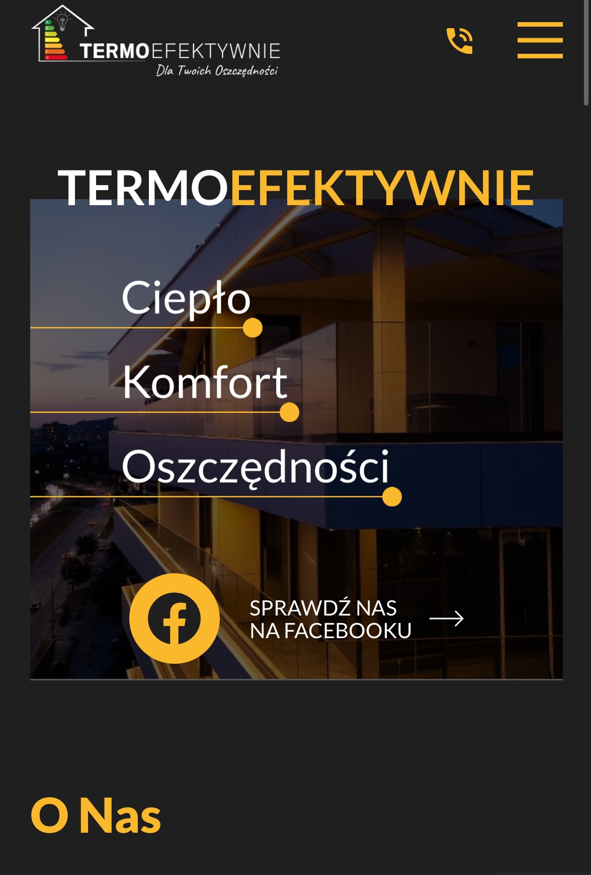 Strona internetowa firmy Termoefektywnie z hasłami Ciepło, Komfort, Oszczędności i odnośnikiem do Facebooka na tle budynku.