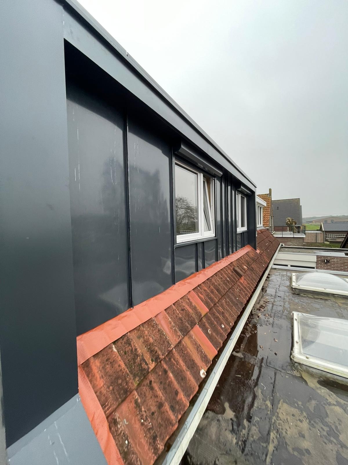 Szare panele elewacyjne pionowe z oknami, dach z czerwonej dachówki z rynną i świetlikami na płaskim dachu w pochmurny dzień.