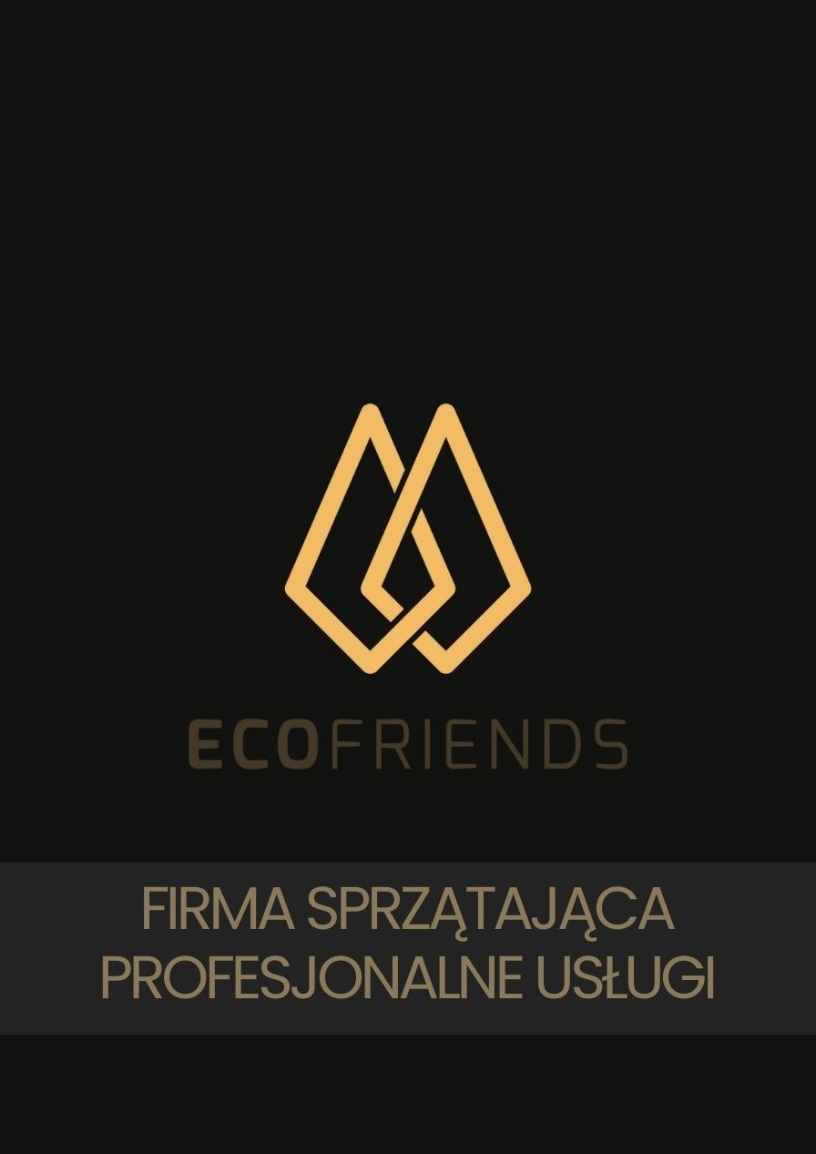 Logo firmy sprzątającej EcoFriends z dwoma połączonymi złotymi rombami na czarnym tle, poniżej nazwa firmy i hasło 'Firma Sprzątająca Profesjonalne Usługi'.