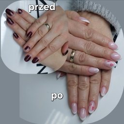 MK Beauty Marcelina Kopeć - Dłonie kobiety przed i po zabiegu stylizacji paznokci. Po lewej stronie paznokcie pomalowane ciemnym, błyszczącym lakierem, z widocznymi odpryskami. Po prawej stronie dłonie z wykonanym french...