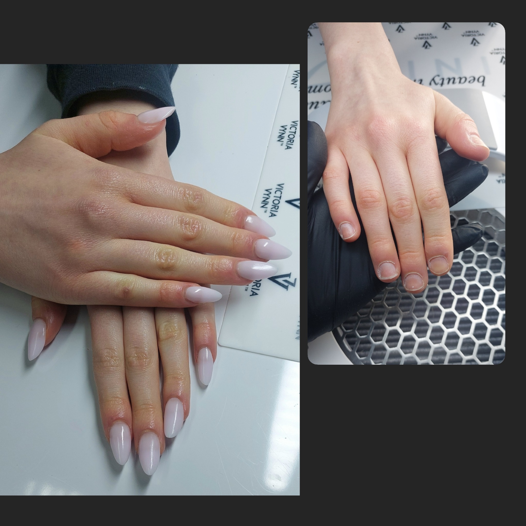 Dwie dłonie: jedna z jasnymi, szpiczastymi paznokciami po manicure, druga przed zabiegiem, na tle pochłaniacza pyłu i podkładki Victoria Vynn.