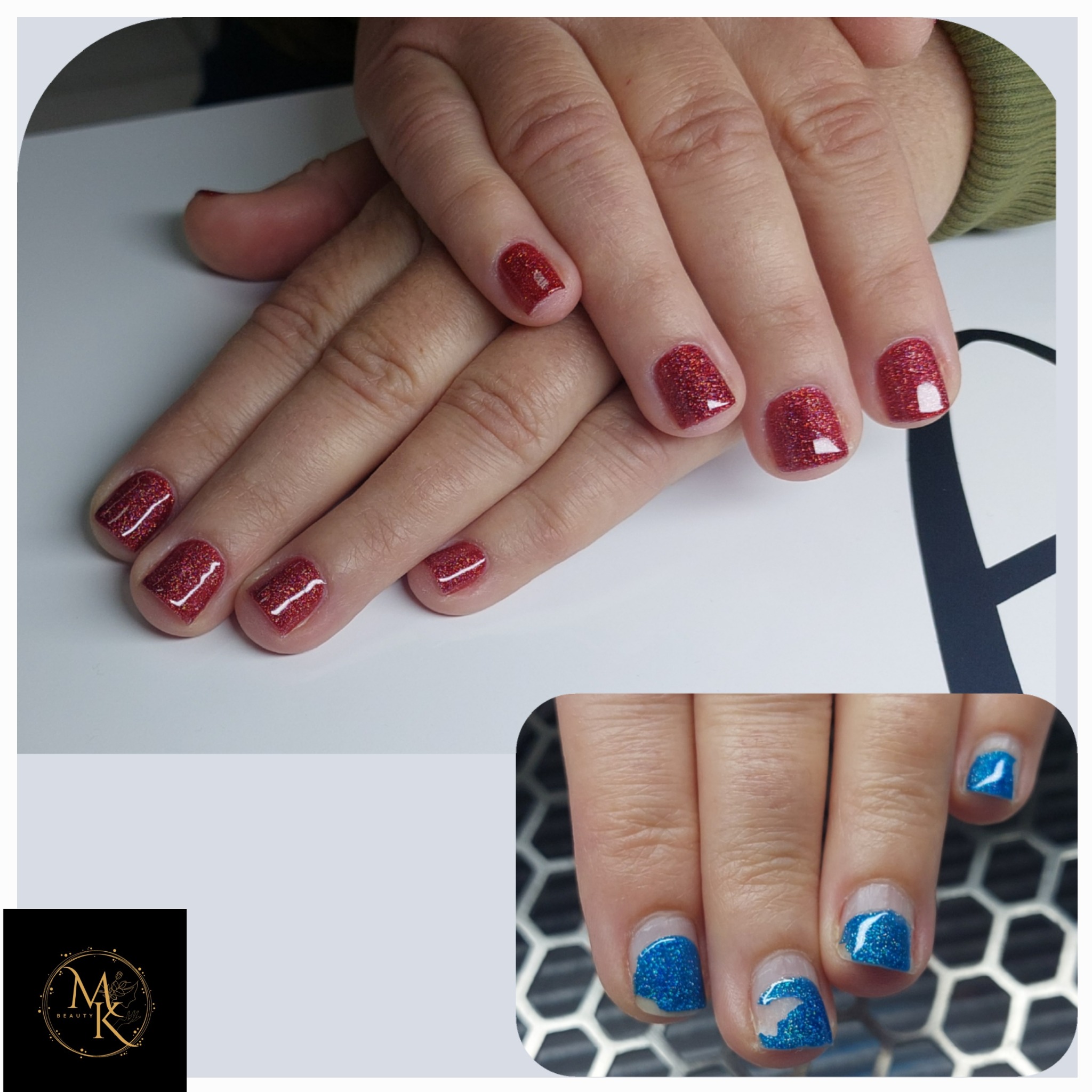 Dłonie z czerwonym brokatowym lakierem na krótkich paznokciach, obok zbliżenie na niebieski brokatowy lakier z wzorem półksiężyca, w tle logo salonu.