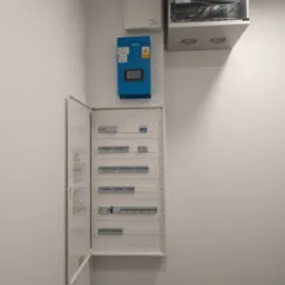 Otwarta skrzynka z bezpiecznikami na białej ścianie, obok niebieski panel sterowania Savlo i szafka rack z okablowaniem oraz kamerą monitoringu na suficie.