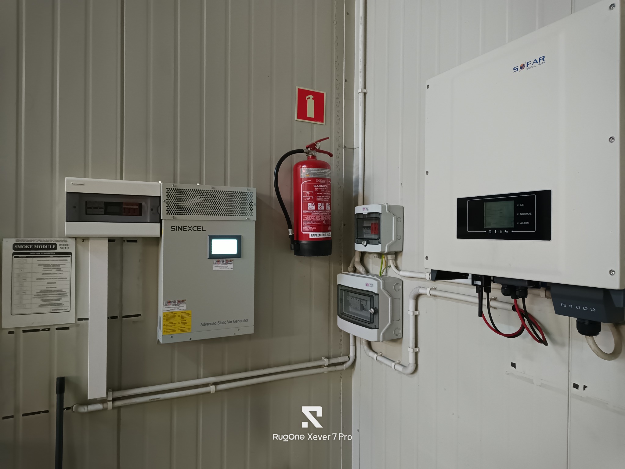 Panel sterowania, rozdzielnice i falownik SOFAR w pomieszczeniu technicznym w Żabnie. Widoczne przewody i zabezpieczenia. Na ścianie gaśnica.