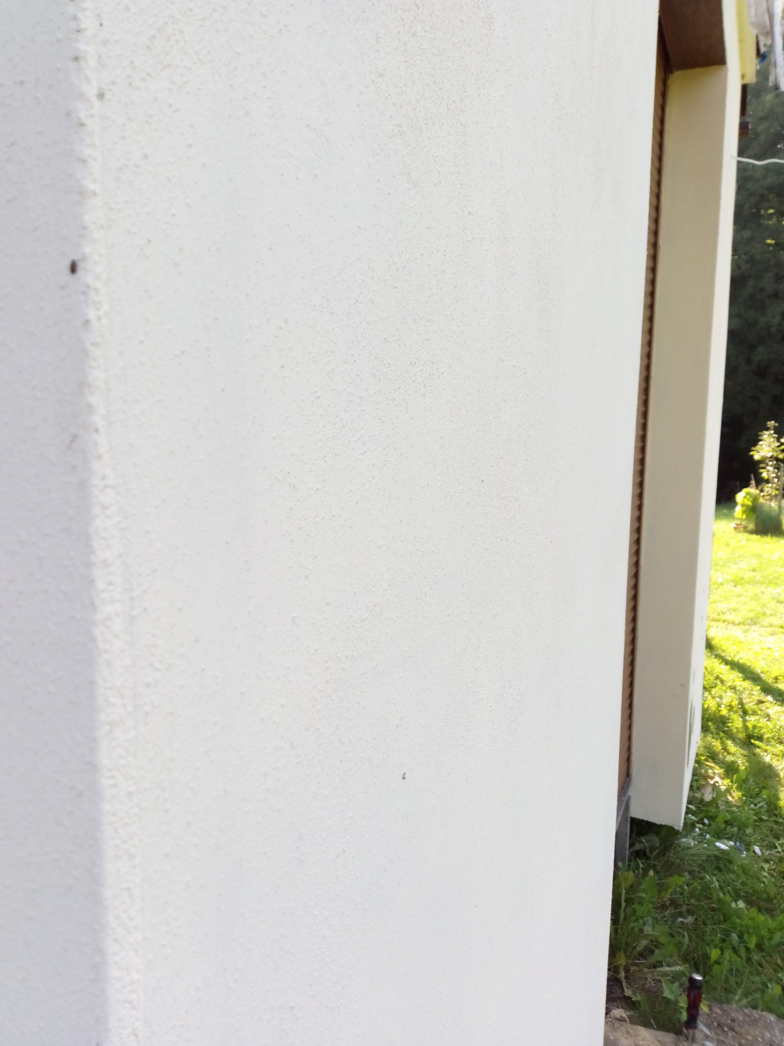 Fragment ściany budynku z jasną, chropowatą fakturą, widoczny narożnik i fragment okna z brązową ramą, w tle trawa i zieleń ogrodu.