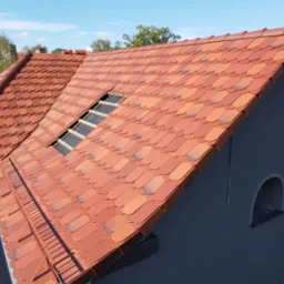 Nowy dach z czerwonej dachówki karpiówki na szarym budynku z oknem w kształcie łuku, widoczna łatka w miejscu okna dachowego.