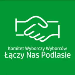 Grafika wektorowa przedstawiająca biały symbol uścisku dłoni nad tekstem 'Komitet Wyborczy Wyborców Łączy Nas Podlasie' na jednolitym zielonym tle.