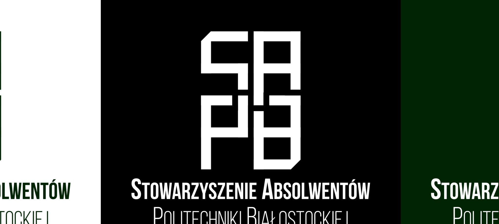 Logo Stowarzyszenia Absolwentów Politechniki Białostockiej, biały geometryczny symbol na czarnym tle, obok nazwa stowarzyszenia w białym tekście.