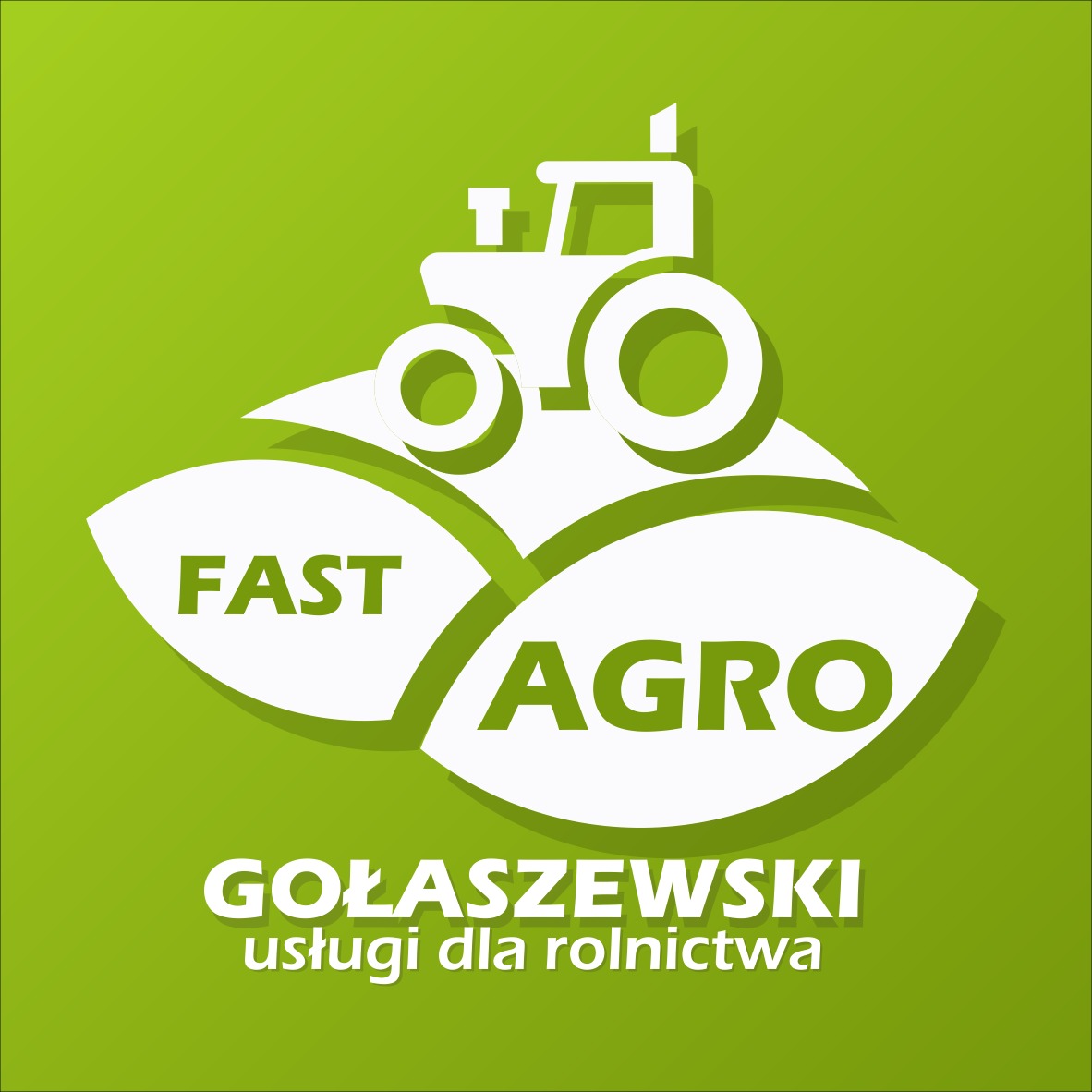 Zielone logo z białym traktorem i napisem FAST AGRO Gołaszewski usługi dla rolnictwa.