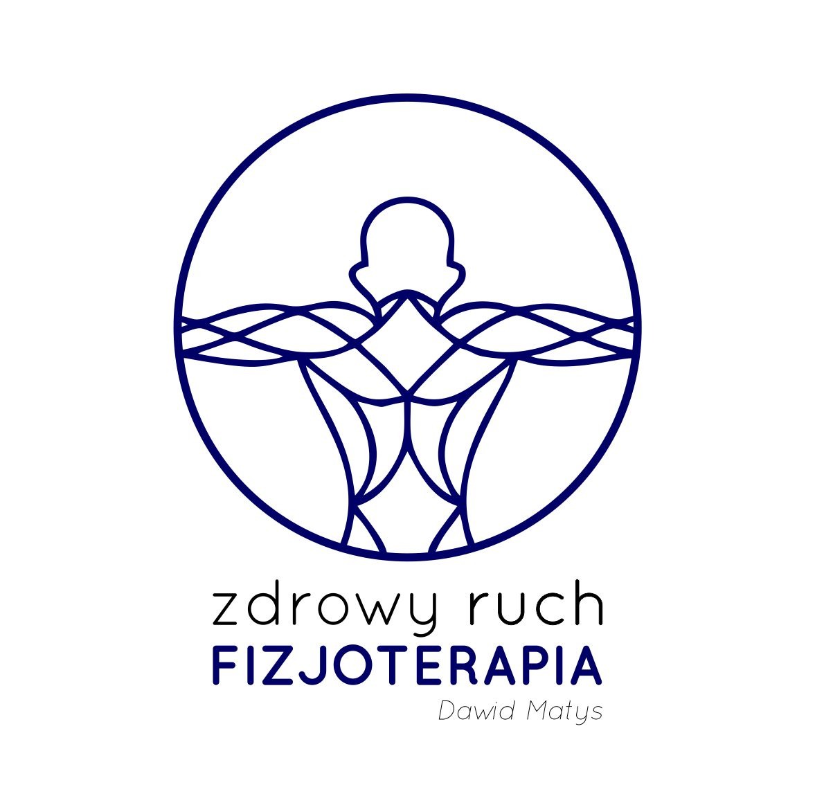 Niebieski, minimalistyczny logotyp przedstawiający schematyczną sylwetkę człowieka w okręgu, z napisem 'zdrowy ruch FIZJOTERAPIA Dawid Matys' poniżej.