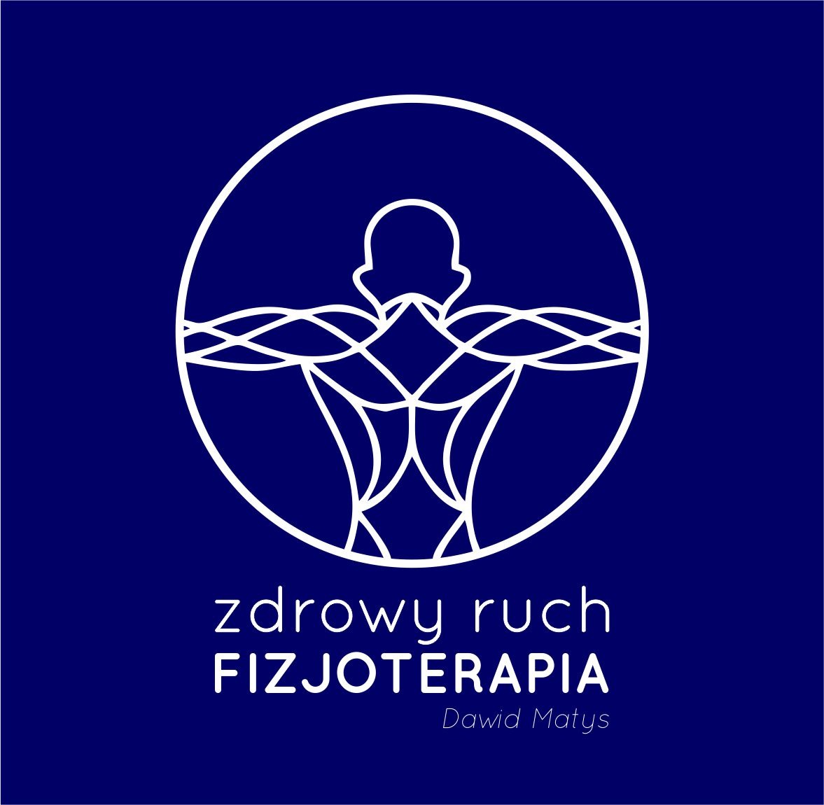 Biały, minimalistyczny logotyp przedstawiający schematyczną sylwetkę człowieka wpisaną w okrąg, umieszczony na granatowym tle z napisem 'zdrowy ruch FIZJOTERAPIA Dawid Matys' poniżej.