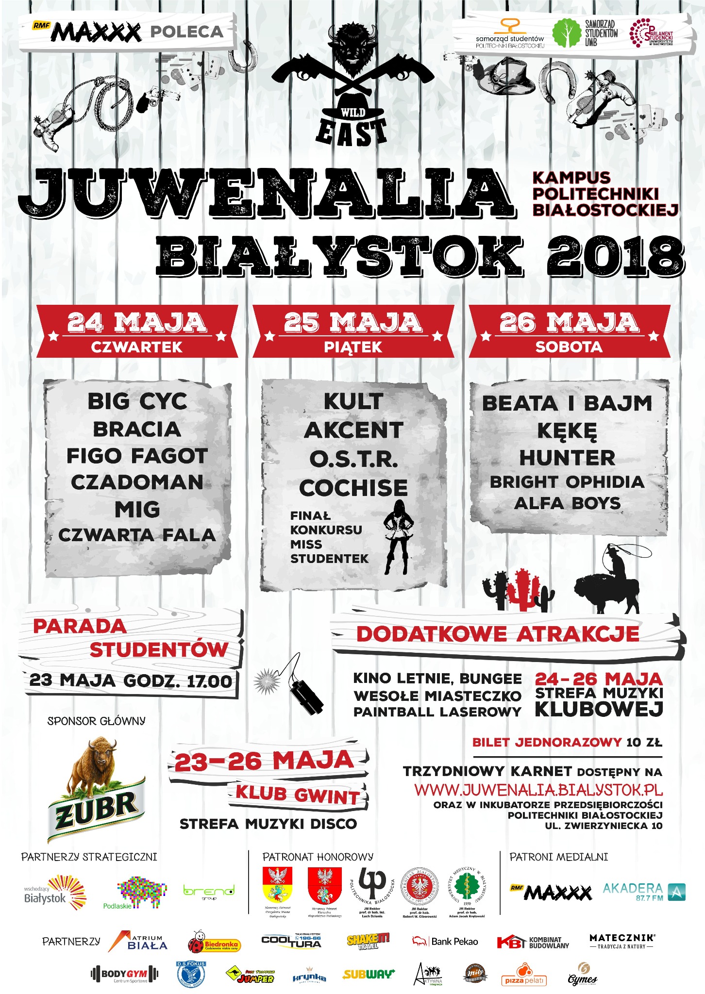 Plakat promujący Juwenalia Białystok 2018, utrzymany w stylistyce Dzikiego Zachodu, z informacjami o zespołach, sponsorach i atrakcjach.