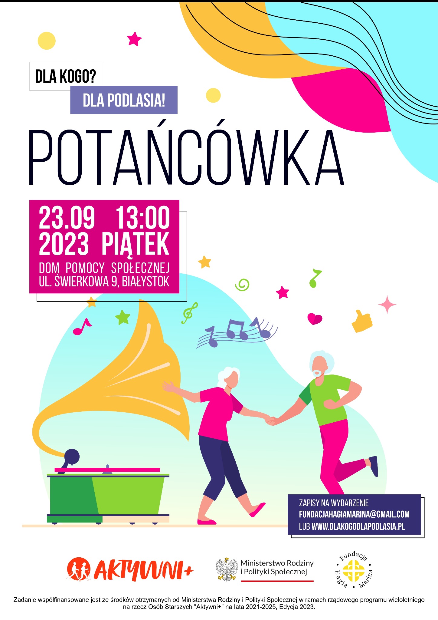Grafika promująca potańcówkę dla seniorów na Podlasiu, z ilustracją stylizowanego gramofonu i tańczących postaci.