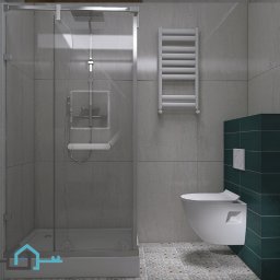 Pracownia Projektowa Ewelina Jaksik-Duda - Wizualizacja nowoczesnej łazienki z kabiną prysznicową ze srebrnymi profilami, podwieszaną toaletą z zieloną obudową z płytek oraz grzejnikiem drabinkowym na szarej ścianie.