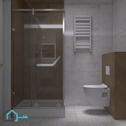 Pracownia Projektowa Ewelina Jaksik-Duda - Nowoczesna łazienka z kabiną prysznicową typu walk-in z brązowym panelem, podwieszaną toaletą z drewnianą obudową i grzejnikiem drabinkowym na szarej płytce.