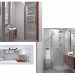 Wizualizacja łazienki w Tarnowskich Górach z mozaikową okładziną ścian, kabiną prysznicową typu walk-in, owalnym lustrem i szafką pod umywalką z lamelami. Dodatkowo widoczny jest fragment planu...