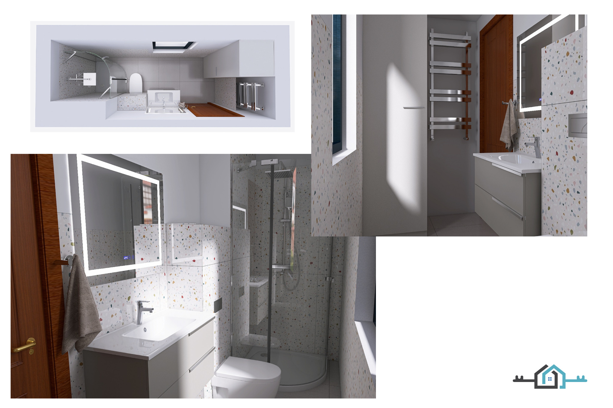 Wizualizacja 3D nowoczesnej łazienki z umywalką nablatową, lustrem z podświetleniem LED, kabiną prysznicową typu walk-in i grzejnikiem drabinkowym, wykończonej płytkami lastryko.